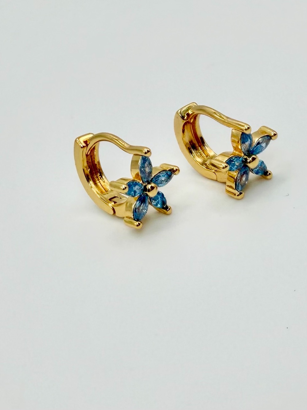 Gold Plated Blue Flower Crystal Huggie Earrings - Picture 5 of 6